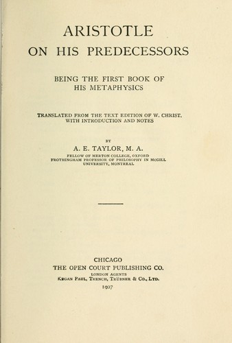 Aristotle: Aristotle on his predecessors (1907, Open Court Publishing Co.)